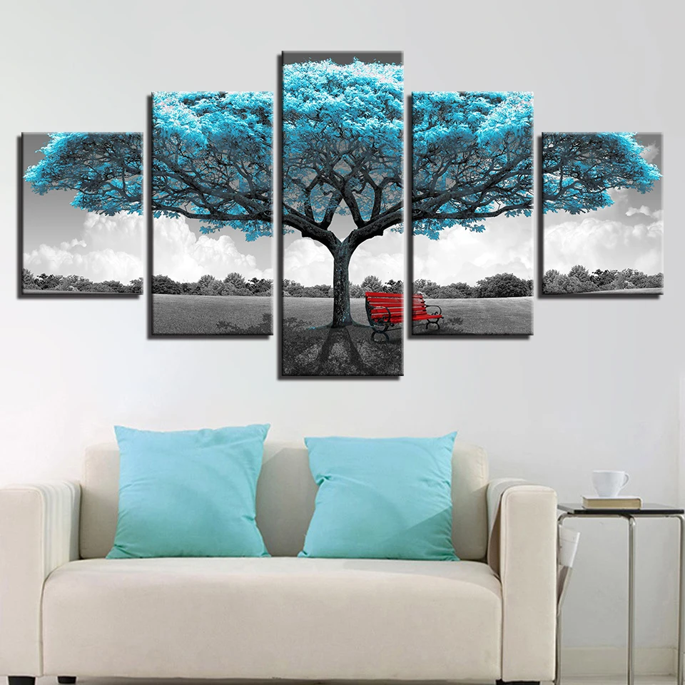 

5 Piece Canvas Wall Art Abstract Blue Big Tree Red Chair Poster Living Room Modern Decoration Bedroom Image Home Office Picture