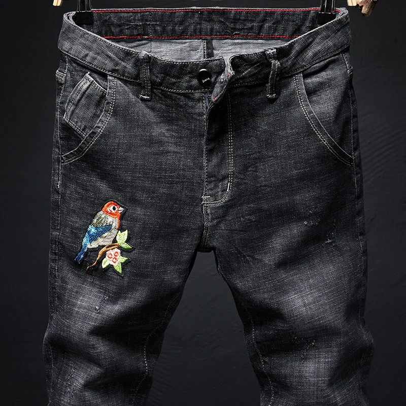 Джинсы мужские Стрейчевые с вышивкой в стиле хип-хоп модные простые черные