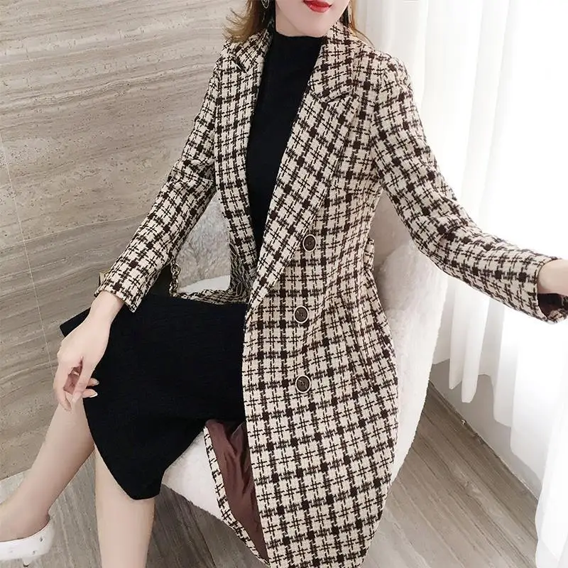 

Woman Long Wool Blends Coat Autumn Winter Female Mid-length Jacket Plush Woolen Streetwear Ladies Tweed Woolen Outerwear A162