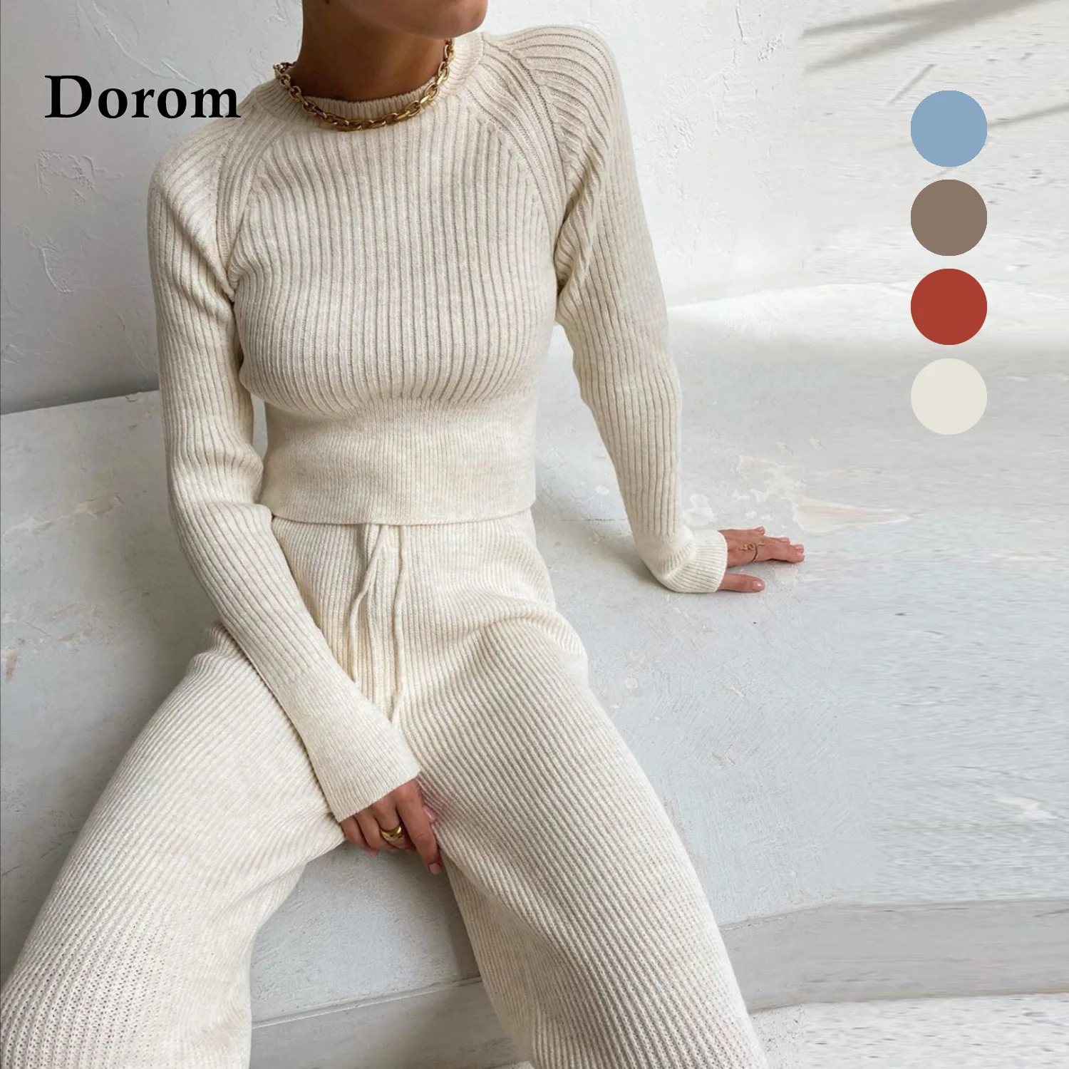 Women Knitted 2 Pieces Set Autumn Vintage Sweater Tracksuit Thick Warm Turtleneck Slim Sweater + High Waist Wide Leg Pant Suits