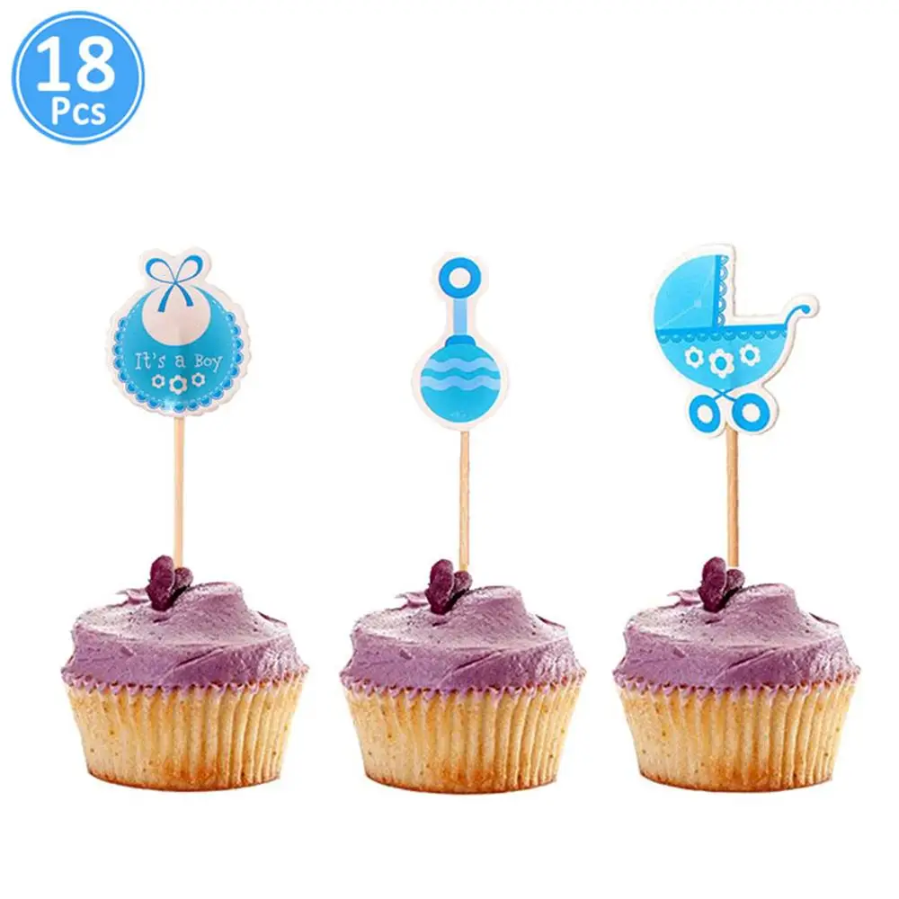 18pcs blue topper Милая бумага со слоном торт кекс топперы для детского душа украшения его девочка мальчик Babyshower вечерние принадлежности пол раскрыть - Цвет: 18pcs blue topper