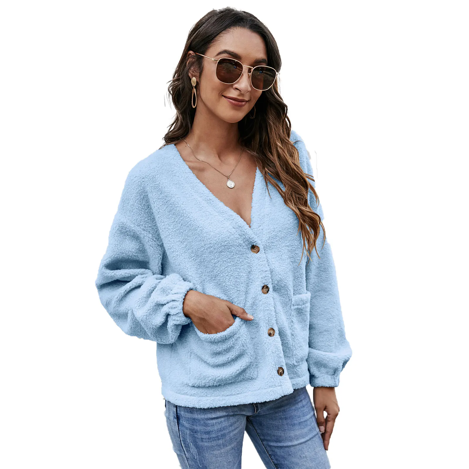 

Women's Button Down Fleece Cardigan, Casual Long Sleeve V Neck Solid Color Loose Coat