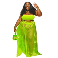 women plus size set solid mesh see through strapless crop tops loose skirts with paties two 2 piece sets outfit summer