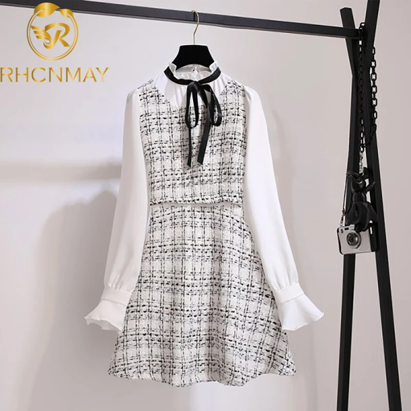 

2020 Spring Vintage Tweed Dress Sweet Bow Tie up Tweed Dress Flare Sleeve Patchwork Fake two pieces Plaid Dress Vestidos