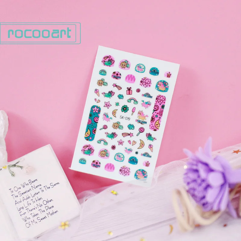 SK-019 Rocooart самоклеющиеся цветы Единорог узор дизайн ногтей украшения переводные наклейки на ногти акриловые маникюрные ногти принадлежности инструмент - Цвет: SK-019