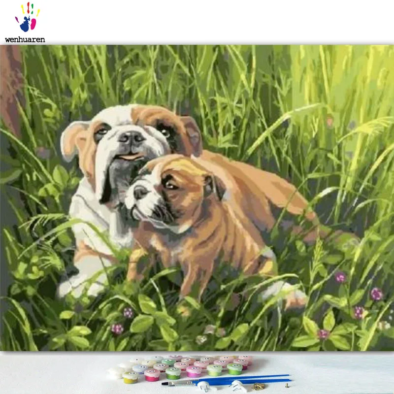 DIY картинки для раскраски по номерам с цветами Собака Семья картина Рисование в