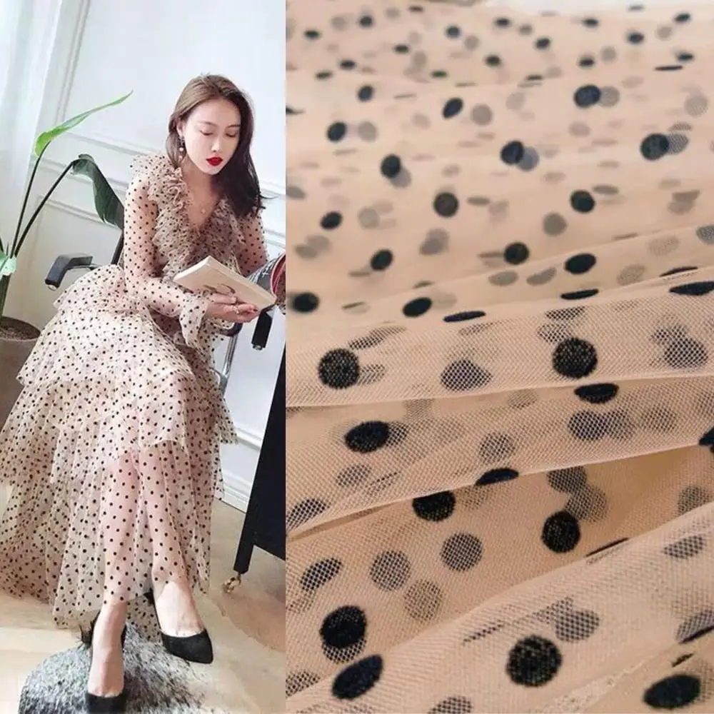 Tan Brown Tulle Lace Fabric with Black Polka Dots Tulle Mesh Fabric With Velvet Dot New Arrival