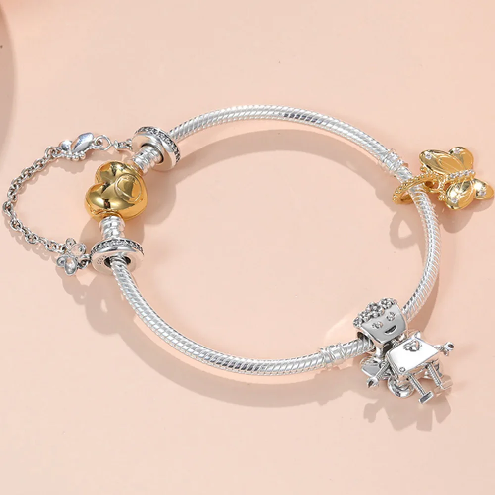 

2020 100% 925 Sterling Silver Shining Kingdee Fairy Creative DIY Beaded Heart Bracelet Set PDL0382 Robot Charm High Quality