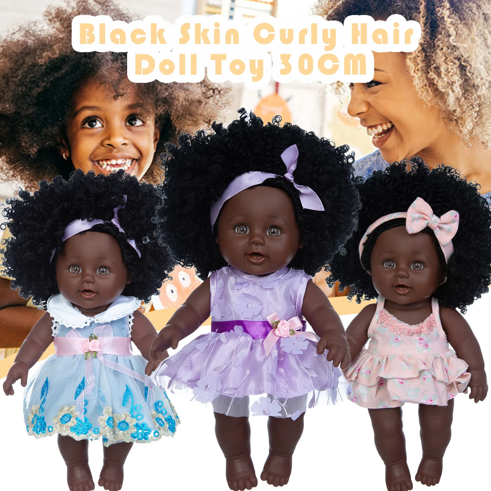 

Divertenti giocattoli per bambini carino pelle nera africano nero bambino carino capelli ricci gonna di pizzo 30CM per bambini