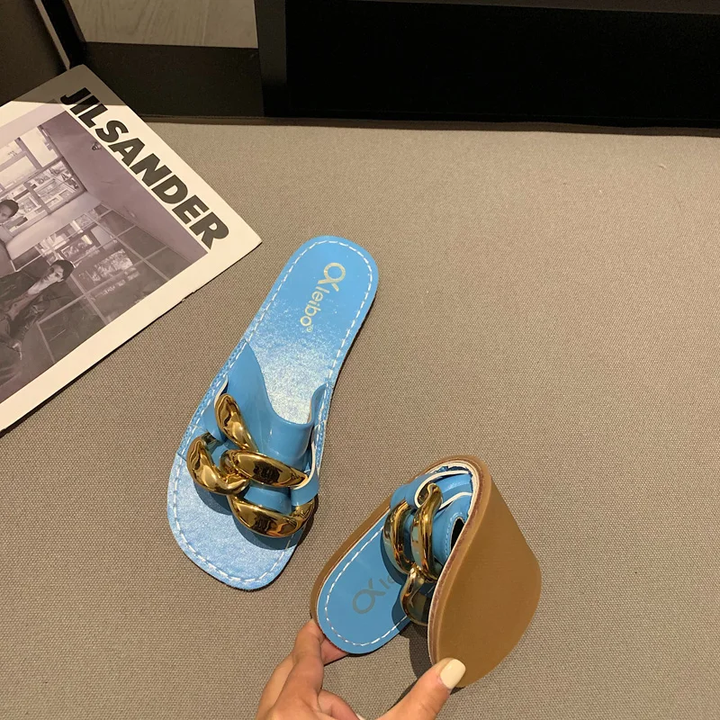 

Fashion 2021 Women Slippers Summer Flat With Sandals Metal Shoes Fashion Flip Flops Slippers Female For Ladies Slides Sandals