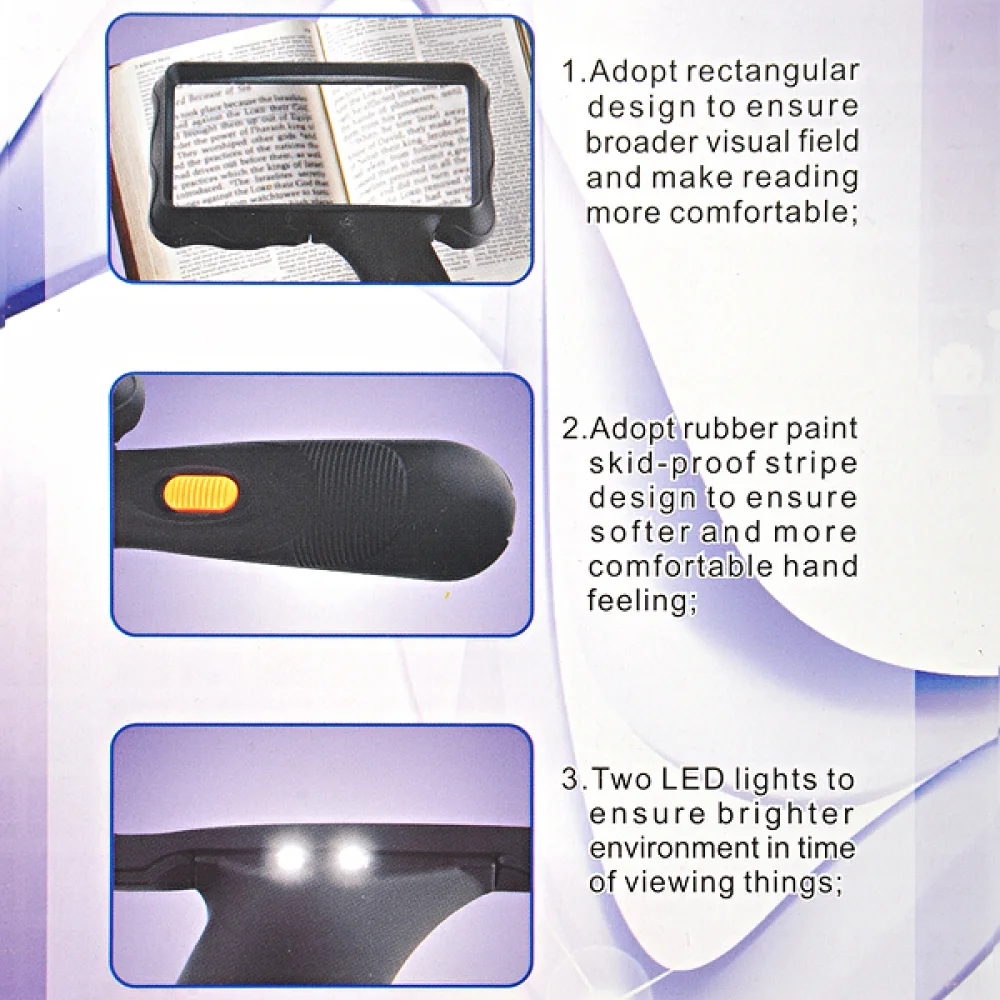 

Portable 2-LED Rectangular Oblique-handle Magnifier Magnifying Glass Lens (Black)