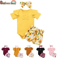 newborn baby girls summer clothes set cotton short sleeve romper floral shorts headband 3pcs for new born infant clothing outfit