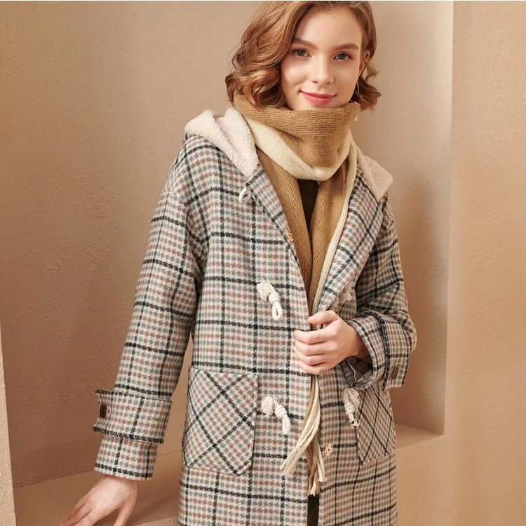 

женская куртка 2020 Winter Fashion Ladies Grain Fleece Hooded Horn Button Plaid Mid-Length Thick Woolen Coat Women'S пальто