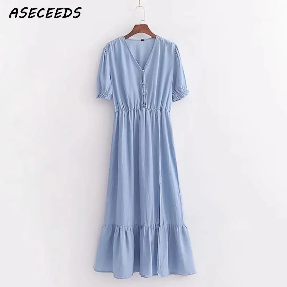 2019 винтажное летнее платье на пуговицах женское Элегантное синее сексуальное