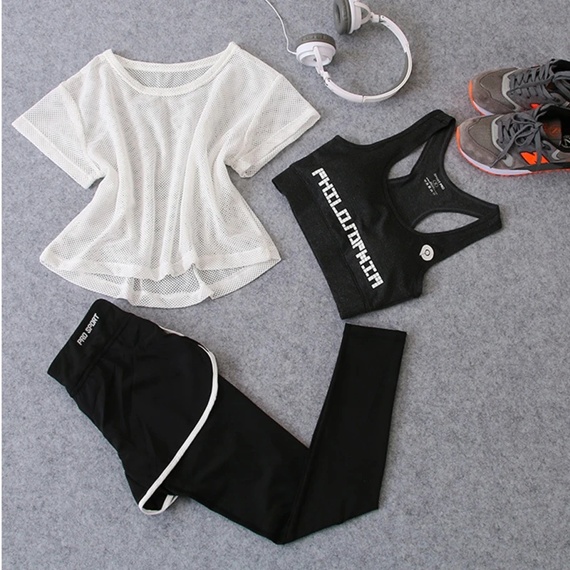 3 шт. женский спортивный комплект из футболки бюстгальтера и шортов|sport set|gym setyoga