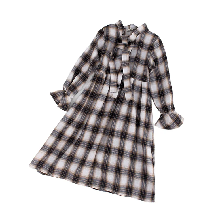 Модный корейский стиль клетчатое милое платье с длинными рукавами для девочек на
