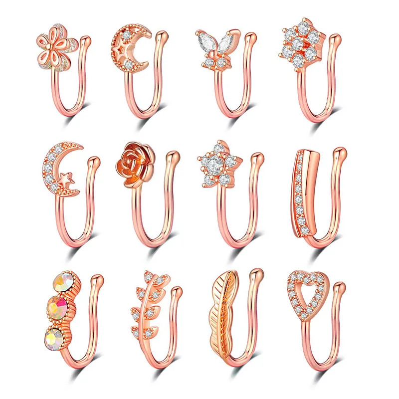 

1Piece Fake Piercing Clip Nose Ring Cuff Body Jewelry For Women 2022 New Trend Ear Cuffs Heart Cross Flowers Clip Nose Rings