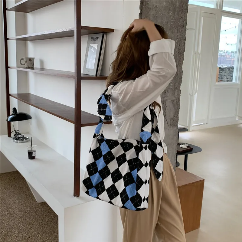 

Большая женская Холщовая Сумка-тоут в шахматную клетку синего и черного цвета, женская сумка для покупок, женская косметичка, 3 шт./компл.