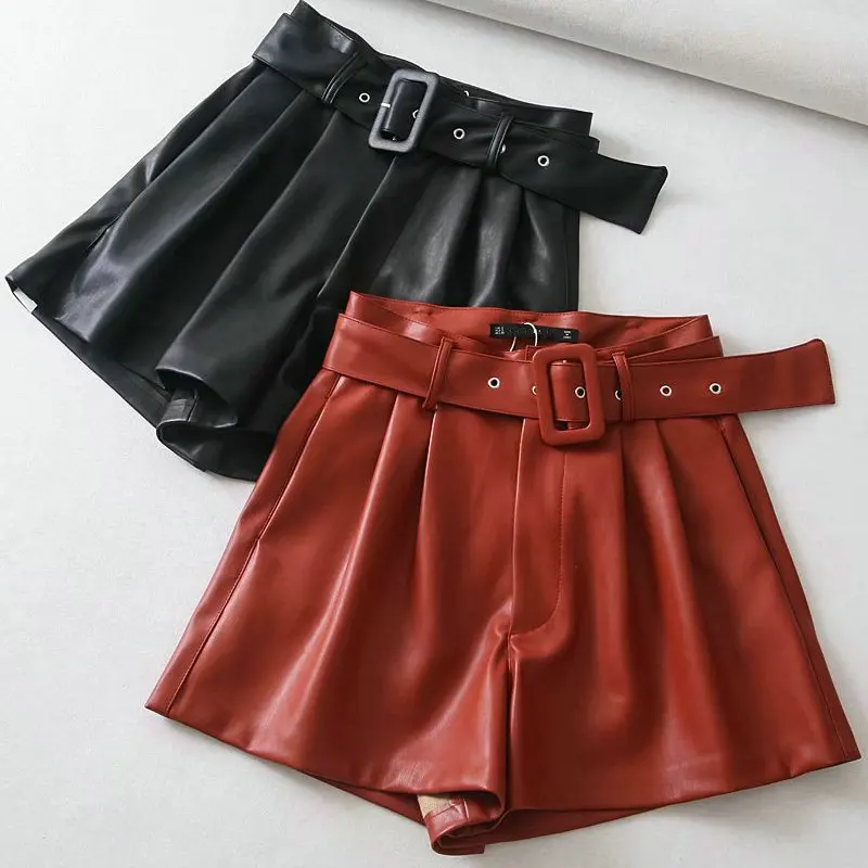 

2021 Spring Autumn Women Casual Black Orange High Waist PU Shorts Belt Lady Sashes Wide Leg ZIpper Fly Loose Faux Leather Shorts