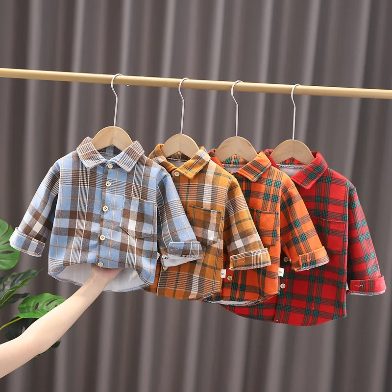 

Boys Winter Plaid Shirt Fleece Thicken Clothes for Newborns Casual Warm Tops Baby Costume Long Sleeve Toddler Girl Button Blouse