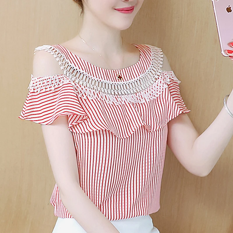 Повседневное блузки с рюшами Топы Новый выдалбливают открытыми плечами