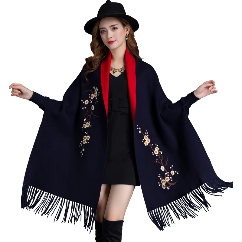 

Brand New design with sleeve Poncho scarf winter warm cashmere Embroidery Cape tassel Blanket wrapped scarf shawl For Women