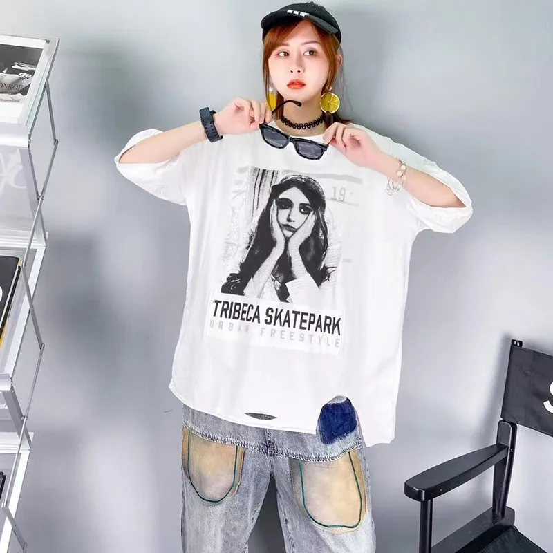 

Summer New Fashion Shirt Funny Print T-shirt Women Tops White O-neck Letter Girls Tshirt Streetwear Casual Loose Tees Womens