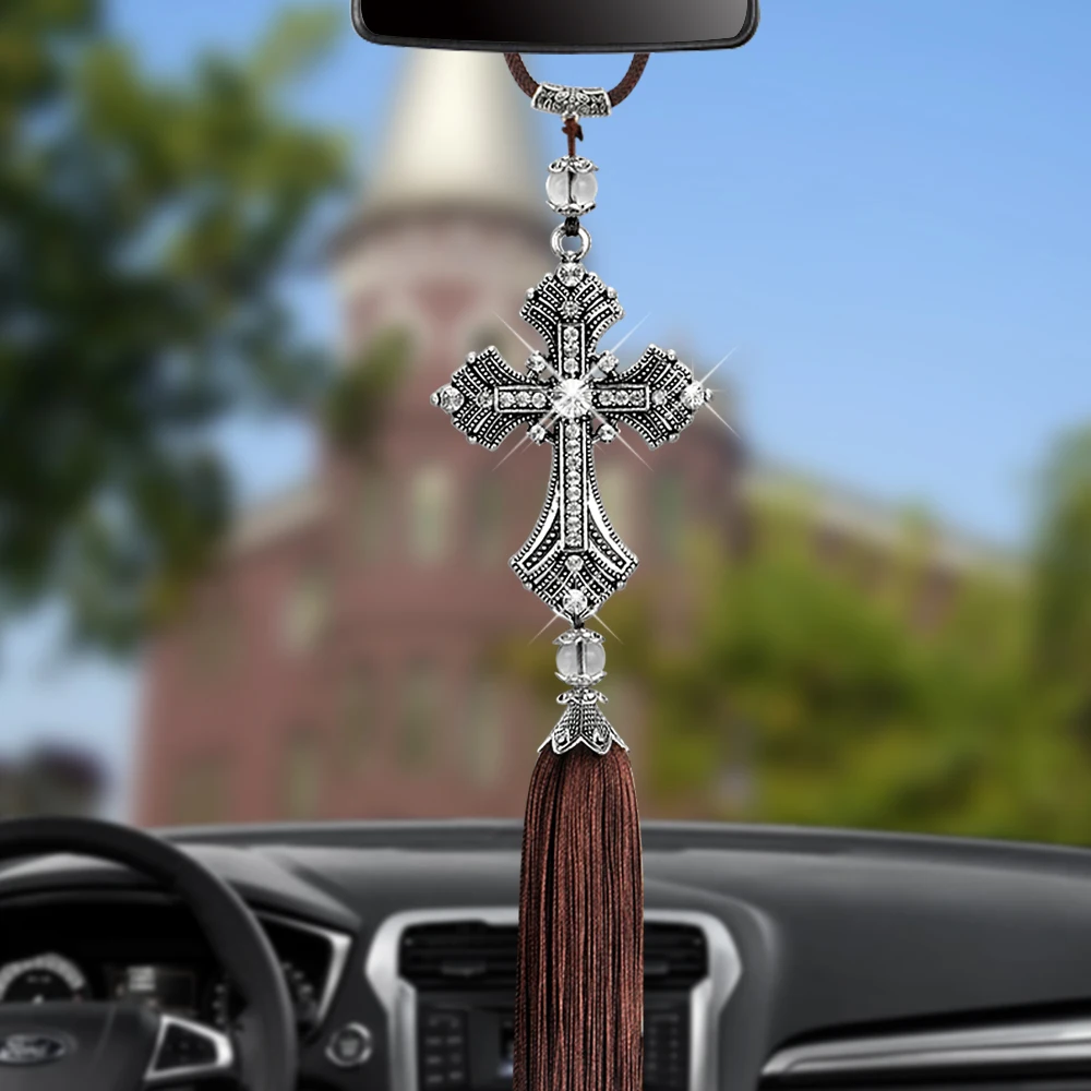 

Auto Decoration Metal And Crystal Diamond Cross Jesus Christian Car Rear View Mirror Car Pendant Hanging Car Styling Accessories