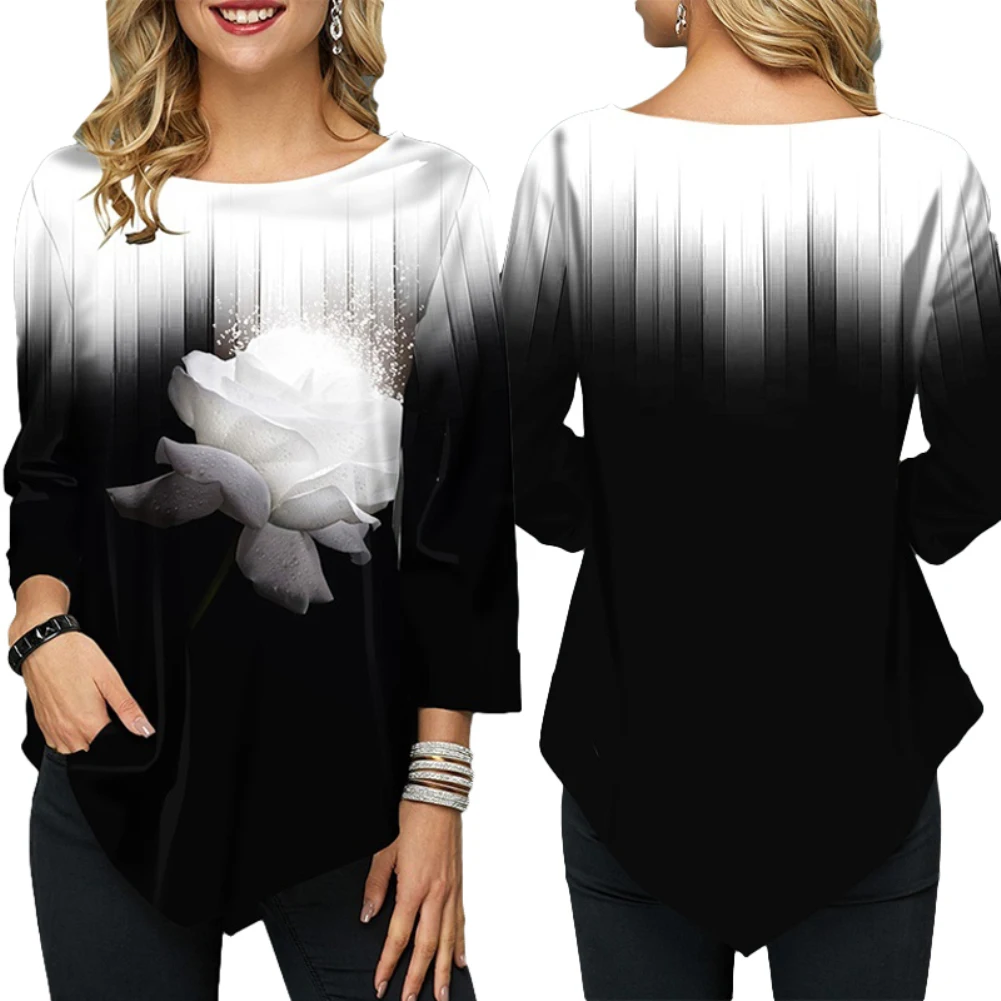 Новинка 2019 большие размеры женская футболка круглый вырез длинный рукав подол