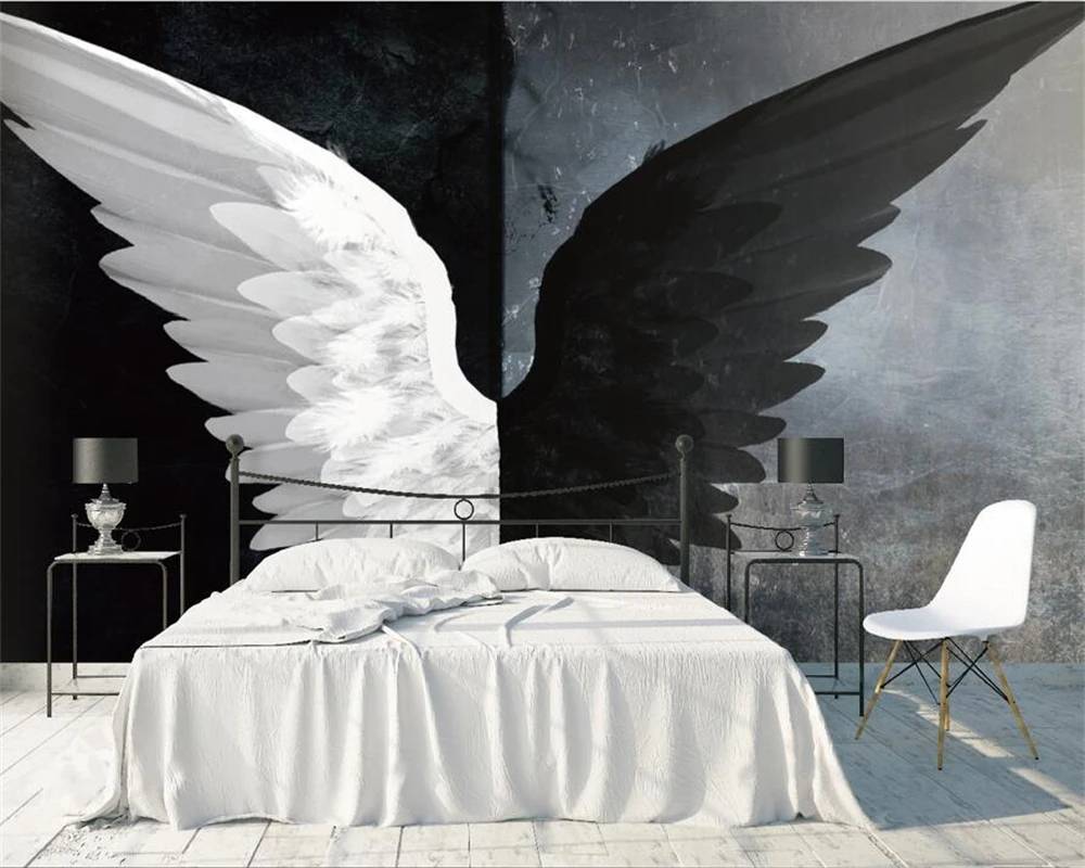 

welyu Customized 3d Mural Nordic Creative Black and White Angel Wings Living Room Bedroom Background Wall Living Room Decoration