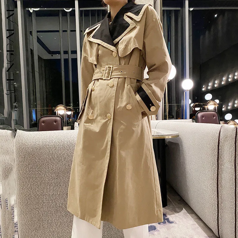 

SHENGPALAE Simple Color Contrast Trench Coat Women 2021 Laple Loose Double Breasted Lace Up Waist Long Sleeve Windbreaker Female