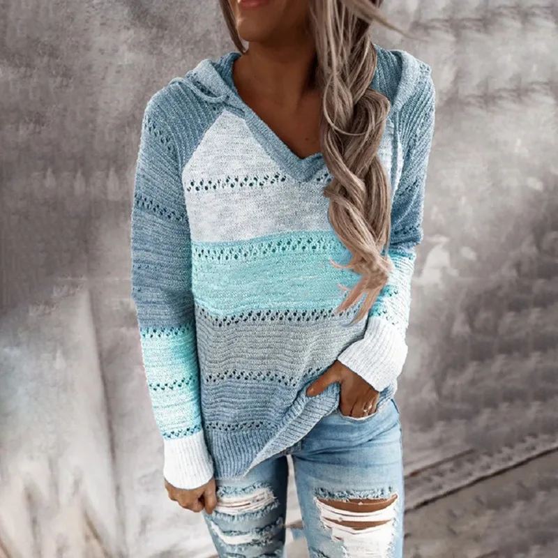 

autumn Winter Striped Elegant Pullover Jumpers V-Neck Patchwork Hooded Sweater 2021 Women Casual Long Sleeve Knitted Sweater Top