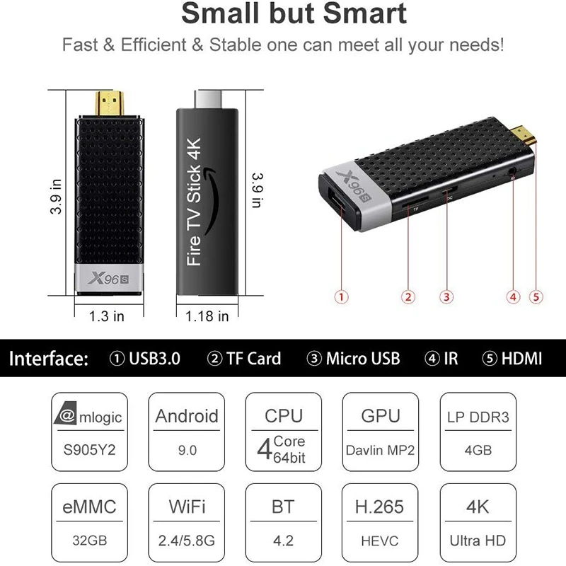 ТВ-приставка Mini Android 9 0 X96S-4 Гб ОЗУ 32 ПЗУ Amlogic S905Y2 4G + 32G Dual WiFi 4K Bluetooth Smart TV Dongle Streaming |