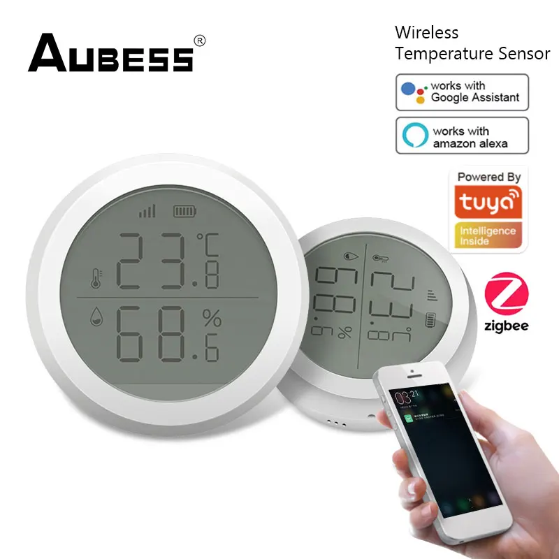 

Датчик температуры и влажности Aubess Tuya ZigBee для умного дома, внутренний гигрометр, термометр со светодиодным экраном, работает с Alexa Google