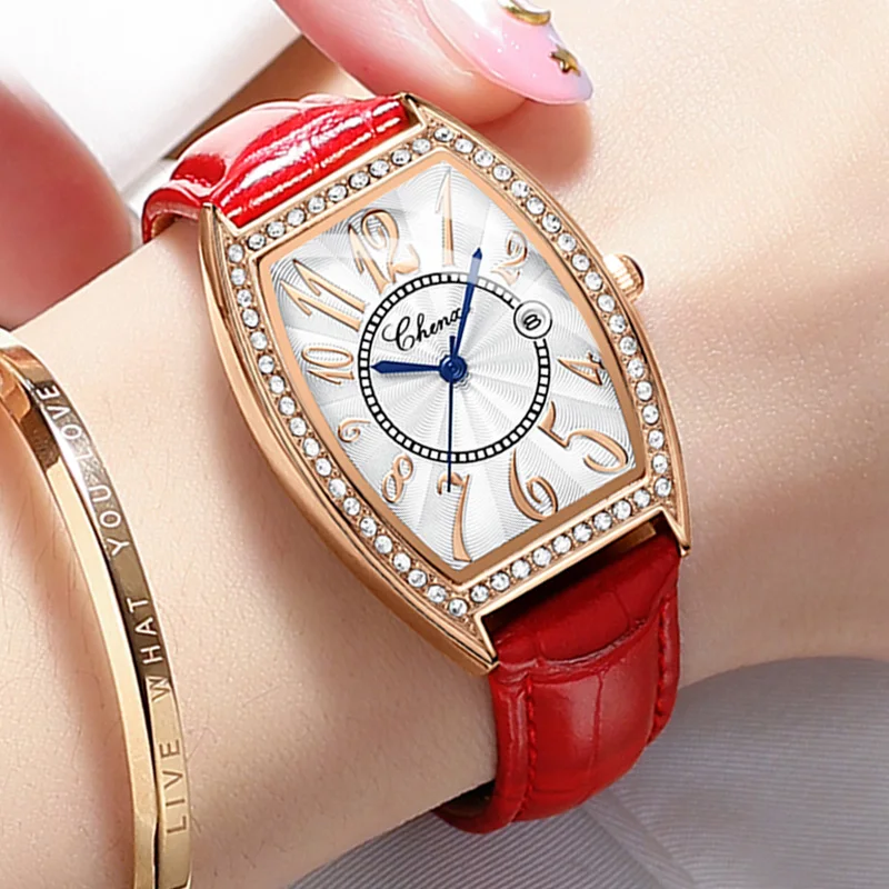 

2021 Chenxi Luxury Fashion Rose Gold Tonneau Watches Women Diamond Watches Leather Band Quartz Wristwatches Ladies Reloj Mujer