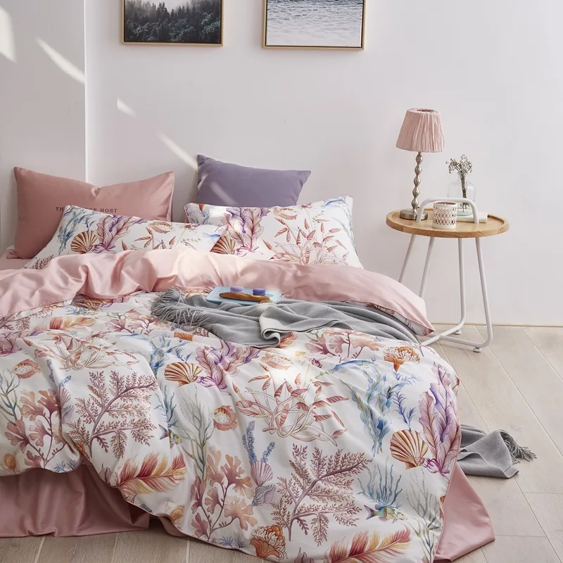

4 Pcs Luxury Egyptian Cotton Bedding Set Queen King Size Bright Flamingo Leaf Duvet Cover Bed Sheet Set Fitted Sheet