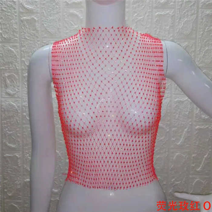 Bright rose O-neck FestivalQueen Сексуальная Бриллиантовая сетка обрезанная майка женская летняя накидка бикини Прозрачная сетка со стразами вечерние клубный кроп-топ - Цвет: Bright rose O-neck