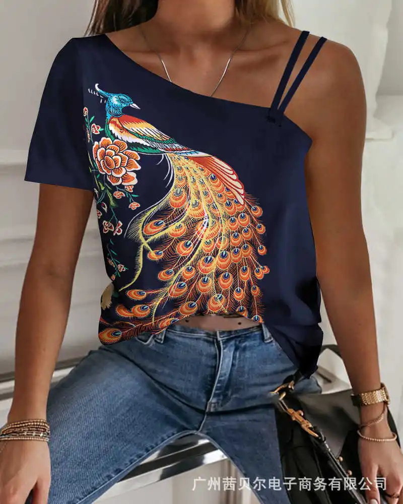 

ICCLEK 2021 new butterfly print irregular strapless t-shirt women