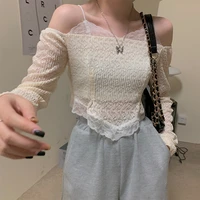 sexy foreign style long sleeve inner bottoming t shirts 2021 lace tees women autumn and summer off shoulder tight slim short top
