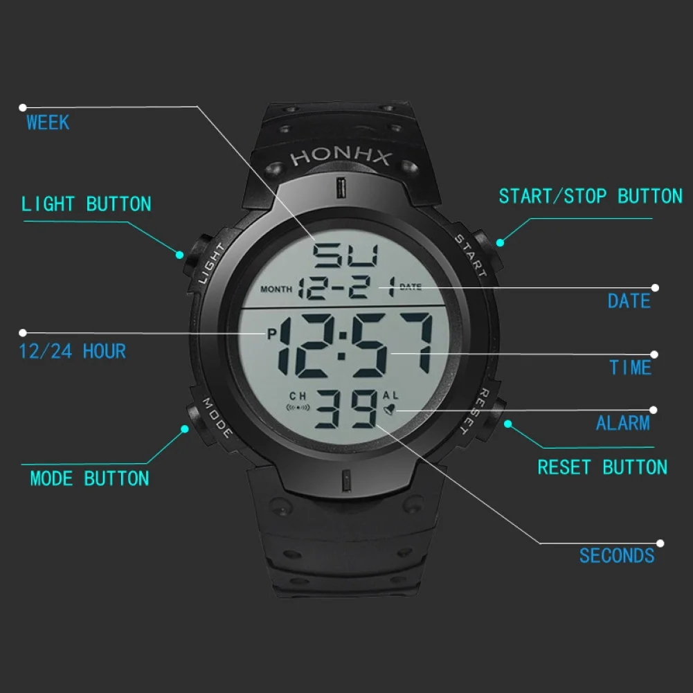 

HONHX Unisex Adjustable Strap Backlight Big Dial Sports Digital Wrist Watch