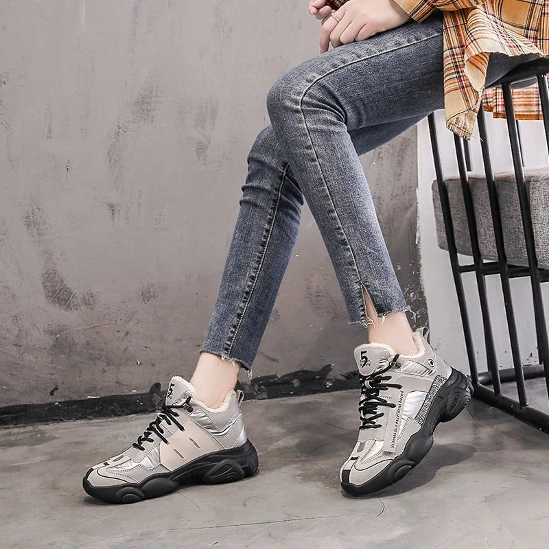 Fujin Sneakers Women Winter Plush Keep Warm High Heels Fashion Round Toe Bling Breathable Thick Bottom Lace Leisure Shoes | Женская обувь