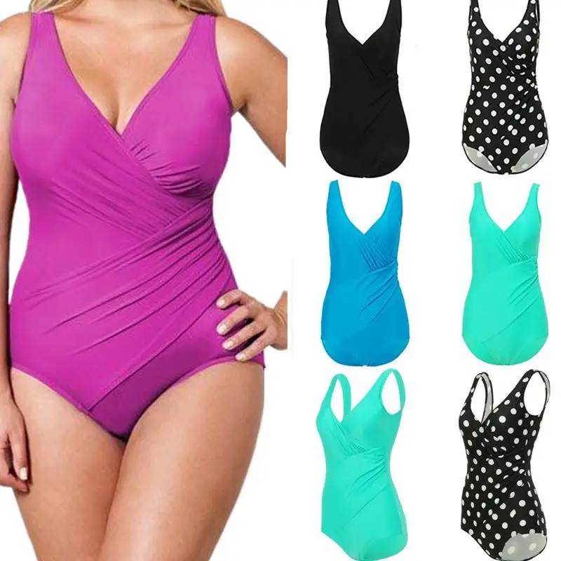 

Plus Size Swimsuit Woman Sexy V Neck One Piece Dots Bikini Solid Color Beach Swimwear Suits