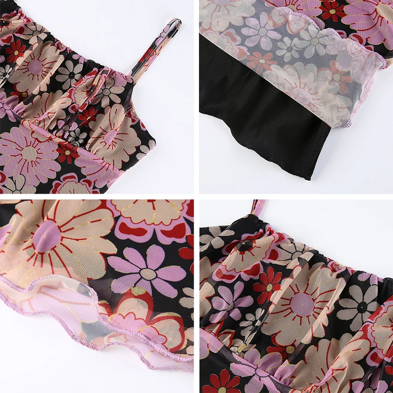 

Floral Print Sexy Strap Dress 2021 Summer Gauze Square Collar Mini Dress Fashion Slim Sleeveless Panelled Camis Bodycon Dress