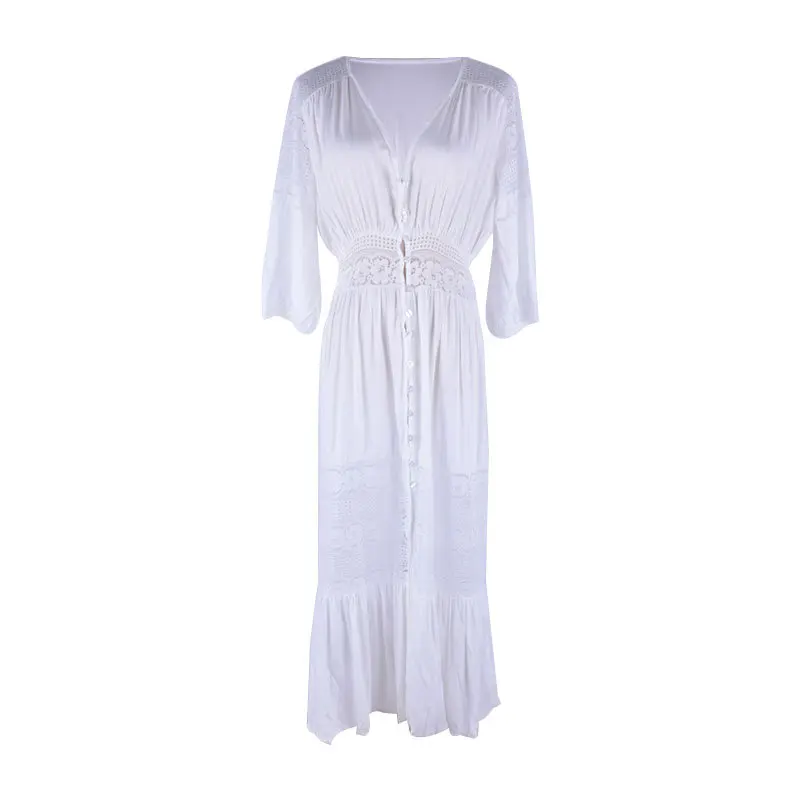 2021 European and American Bikini Cover Up Multi-Button Cardigan Synthetic Cotton Beach Skirt Lace Mid-Length Dress For Woman
