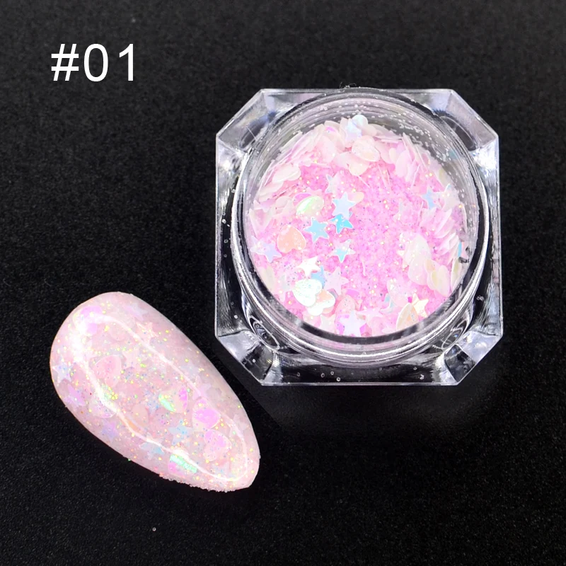 Блестки 3D для ногтей в виде звезды луны сердца разных цветов 1 коробка блестки
