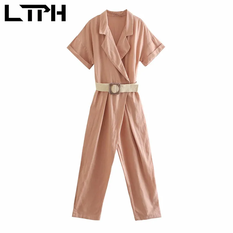 

LTPH tooling style suit collar Jumpsuits women vintage high waist sashes Cotton linen Rompers casual jumpsuit 2021 Summer New