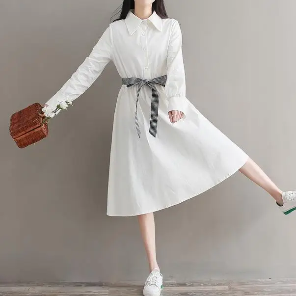 Японское женское белое платье с отложным воротником хлопок элегантное Mujer Vestidos