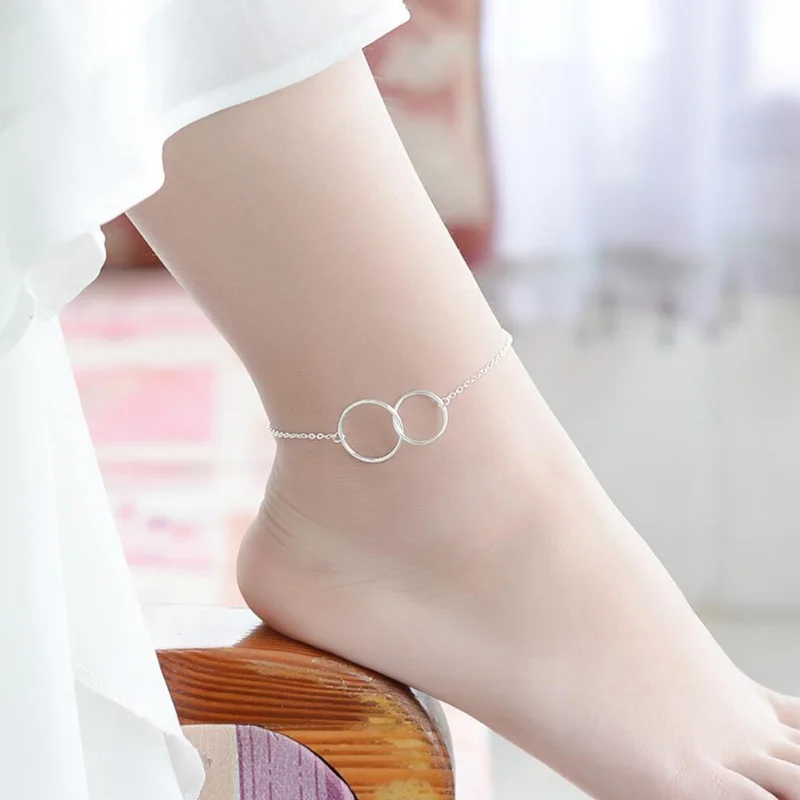 

KOFSAC New Trendy 925 Sterling Silver Anklets For Women Simple Double Circle Foot Jewelry Lady Beach Party Accessories Gifts Hot