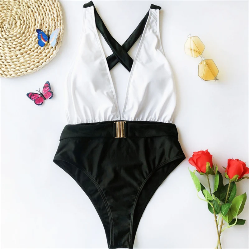 GNIM One-Piece Bikini Swimwear Women Black And White Bathing Suit 2019 Sexy Backless Brazilian Swimsuit Female Biquini With Belt | Женская