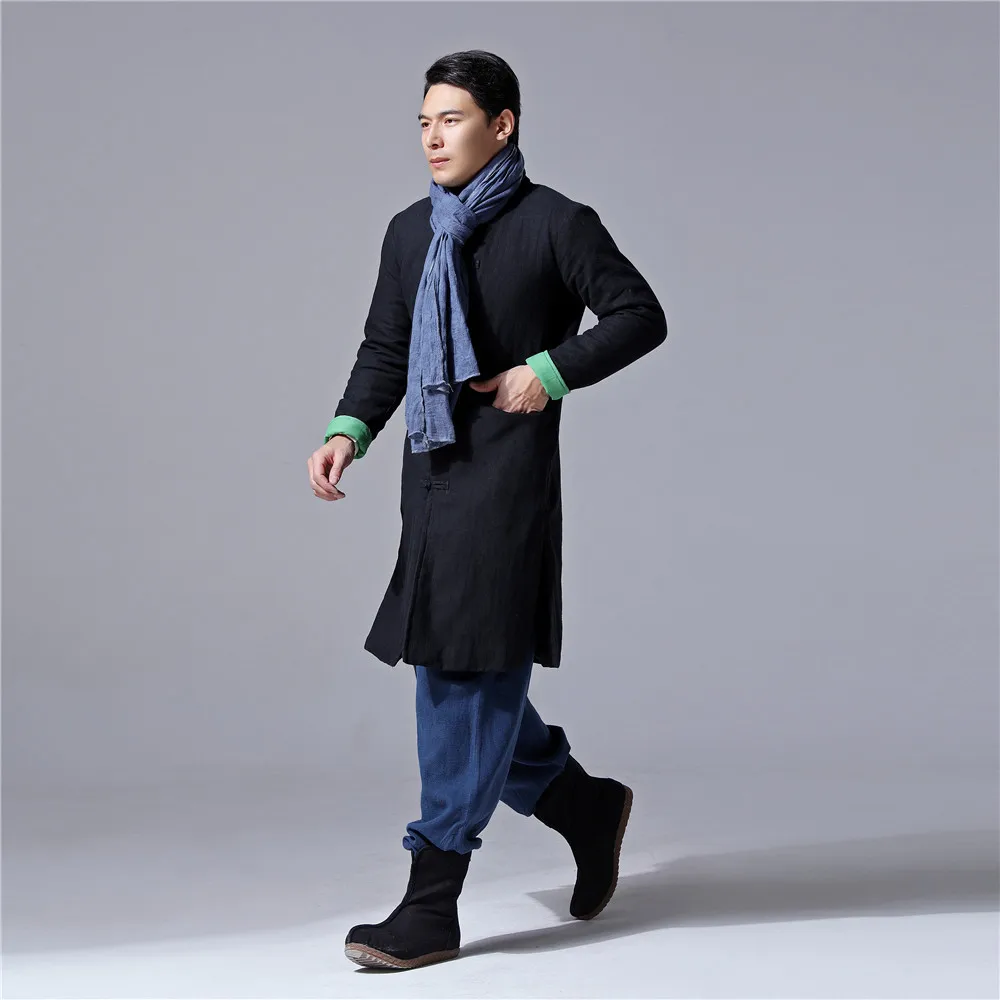 Осенне-зимнее мужское пальто в китайском стиле этническое льняное хлопковое